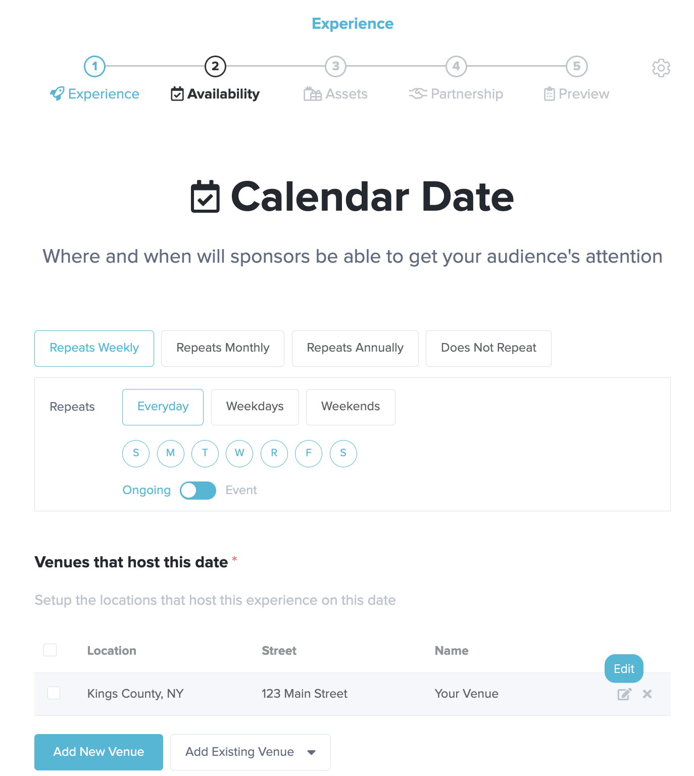 Availability page with venue Edit button