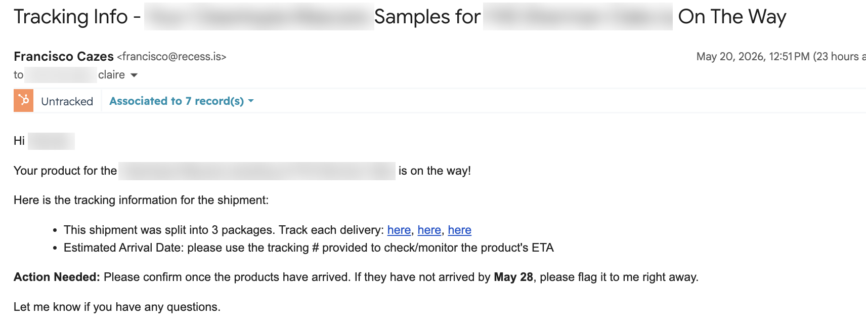 Example tracking email from Recess (names blurred)